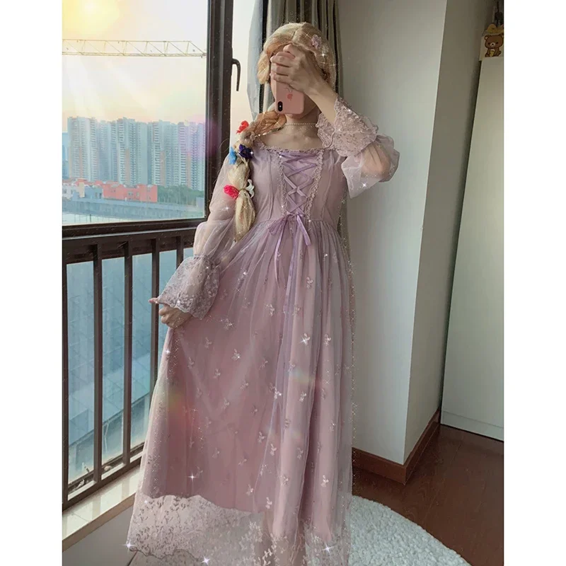 Halloween Women Princess cosplay purple dress Lace Up Designer Vintage Repunzel role play costume Purple Court Retro Party Dress