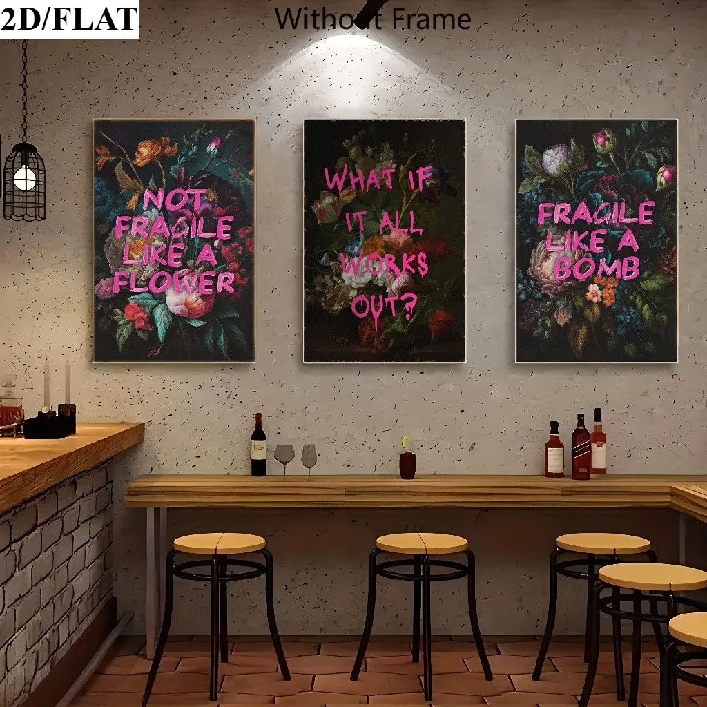 （No Frame 3PCS）-2D Flat, 2D Flat, 2D Plane Three-Piece Modern Black Floral Art Decorative Painting, 