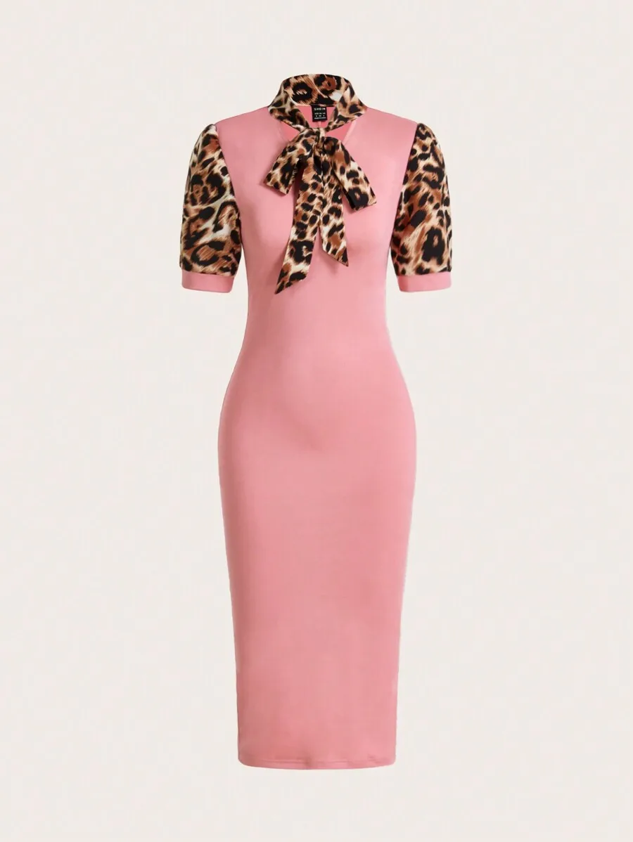 

Pink Bodycon Dress with Leopard Print Sleeves and Bow Neck Detail
