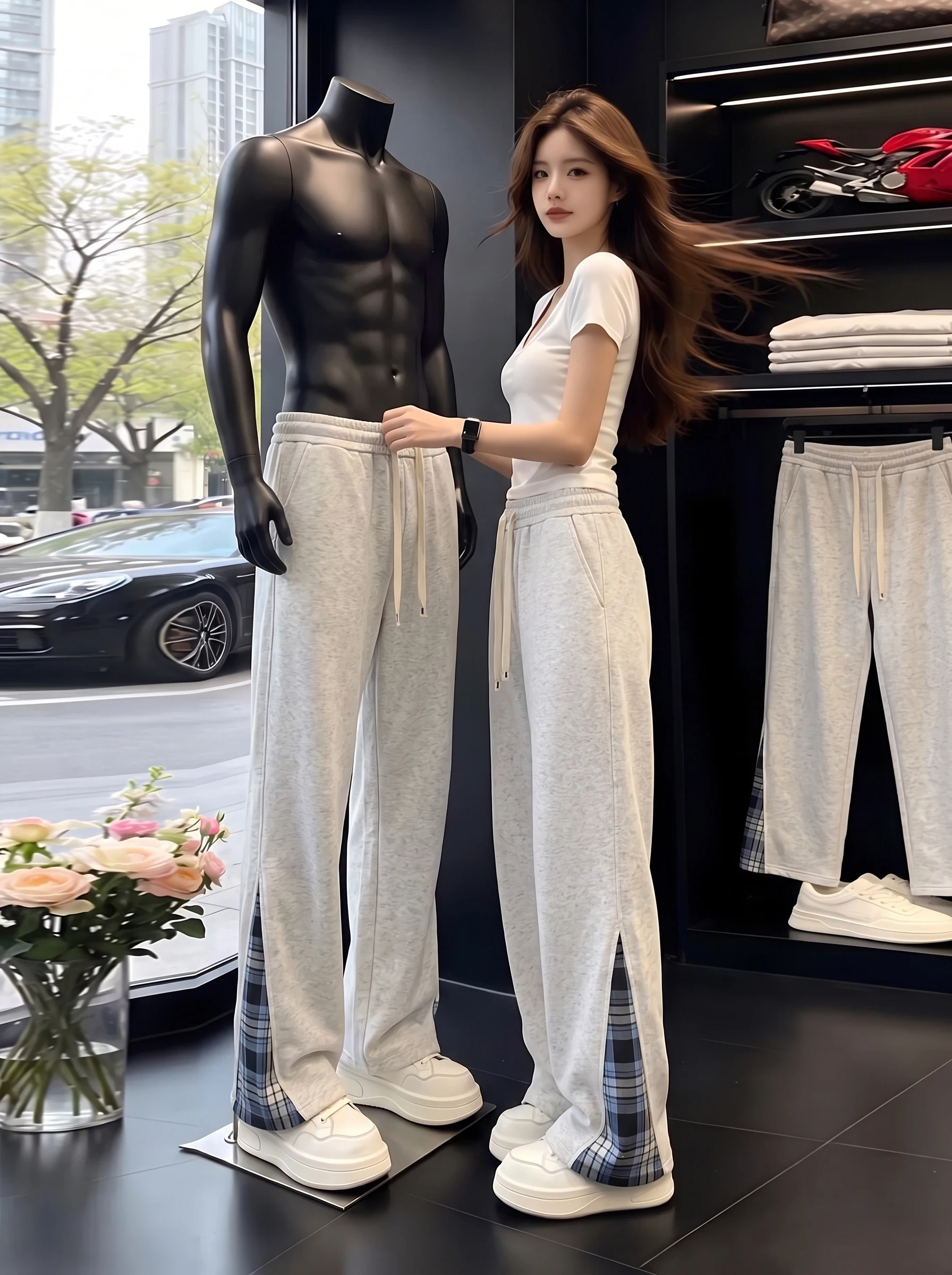 American Style Plaid Micro Flared Casual Sports Pants Men's Patchwork Knife  Straight Leg Leisure Trousers Cleanfit