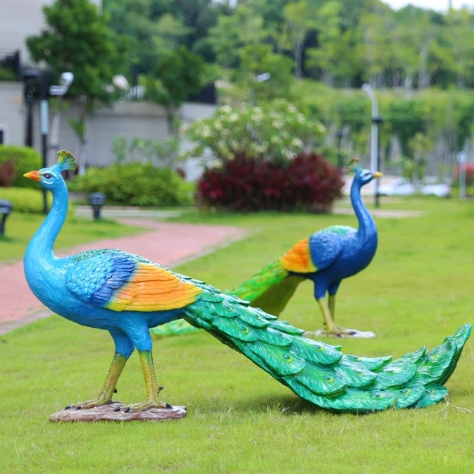 Escultura do pavão da fibra de vidro, simulação exterior, decoração da paisagem do jardim, pássaros, animais, artesanatos