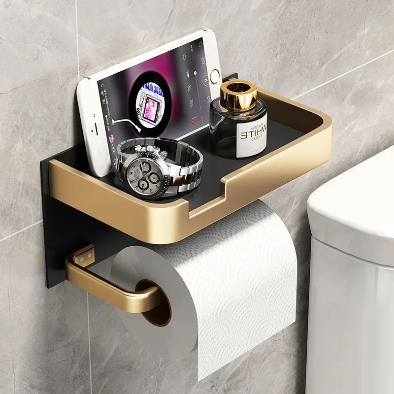 Black Gold Toilet Paper Holder Bathroom Wall Mount Multifunction WC Paper Phone Holder Shelf Towel Roll Shelf Accessories