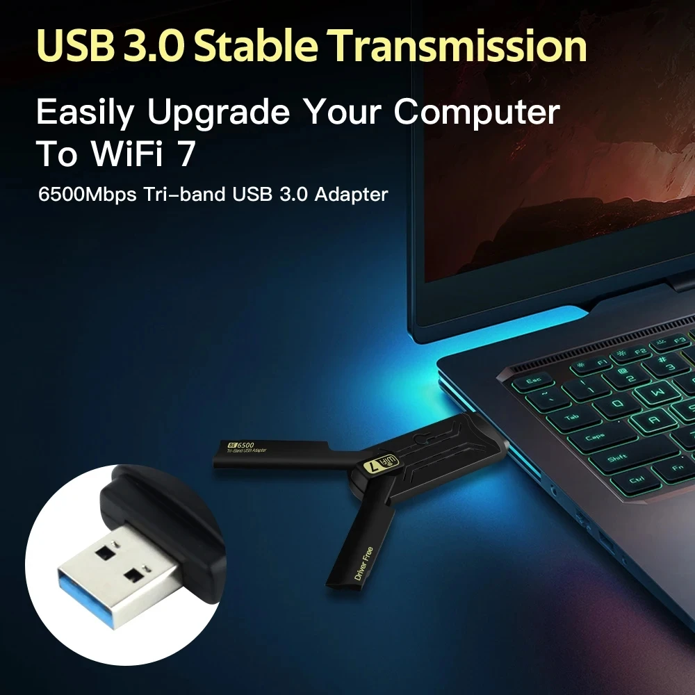 BE6500 WiFi 7 USB Adapter 2.4G/5G/6GHz Tri-band USB 3.0 Wireless Network Card 6500Mbps 802.11BE For Win10/11 PC