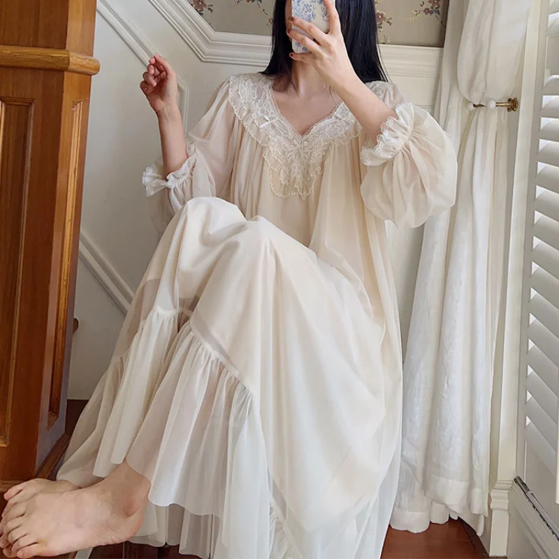 Women Mesh Night Dress Fairy Cotton Sexy Lace Peignoir Long Sleeve Sleepwear Princess Nightwear Spring Summer Vintage Nightgown