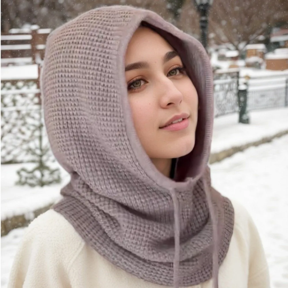 Fashion Solid Color Drawstring Balaclavas Hat Soft Earmuff Pullover Cap Thickened Warm Winter Neckerchief Streetwear