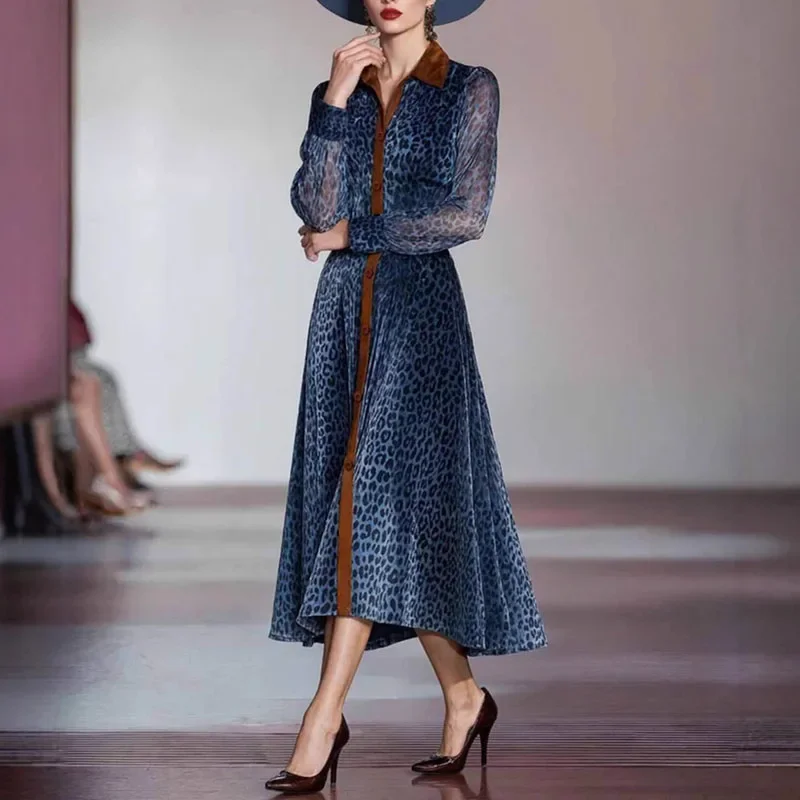 Sukienka imprezowa z siateczki w panterkę, patchworkowa, damska, zapinana na guziki, z kołnierzykiem, jesienno-zimowa, z długim rękawem, w stylu vintage, o kroju litery A.