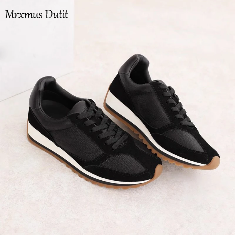 Mrxmus Dutit2024 Fashion New Women Splicing Genuine Leather Thick Sole Lacing Sneaker Flat Casual Shoes Comfort Versatile Female