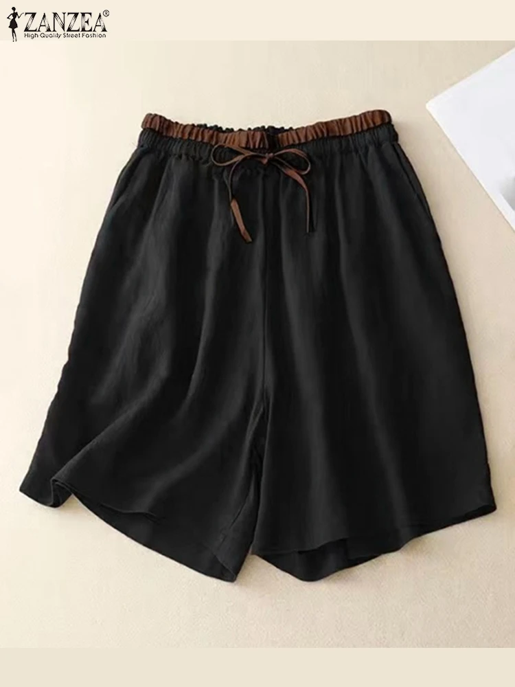 

ZANZEA Fashion Pockets Short Trousers Elastic Waist Ladies Loose Cotton Short Pants Casual Color Block Women 2024 Summer Shorts