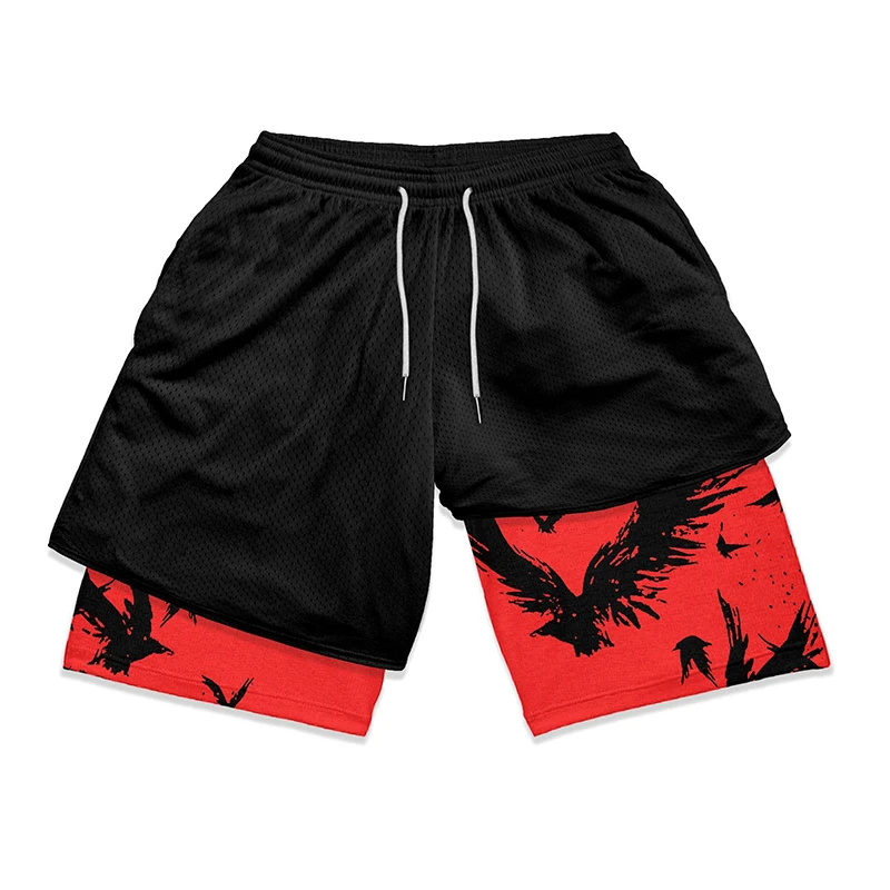 Stylish 2 in 1 Workout Running Shorts for Men Gym Athletic Breathable Quick Dry Shorts Summer Casual Anime Shorts with Pockets