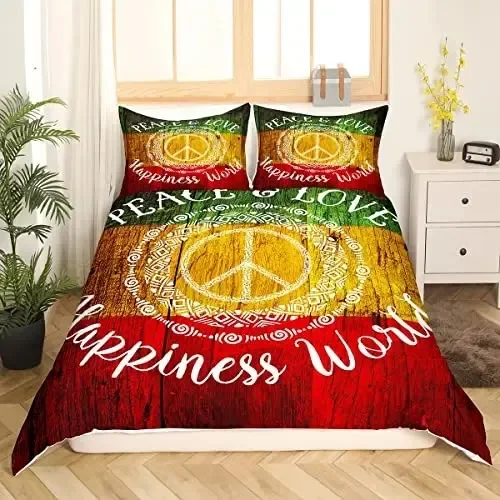 Peace Symbol Duvet Cover Set for Kids Boys Girls,Happiness World Bedding Set 3 Pcs,Queen Size,Green Brown Red Soft Bedroom Decor