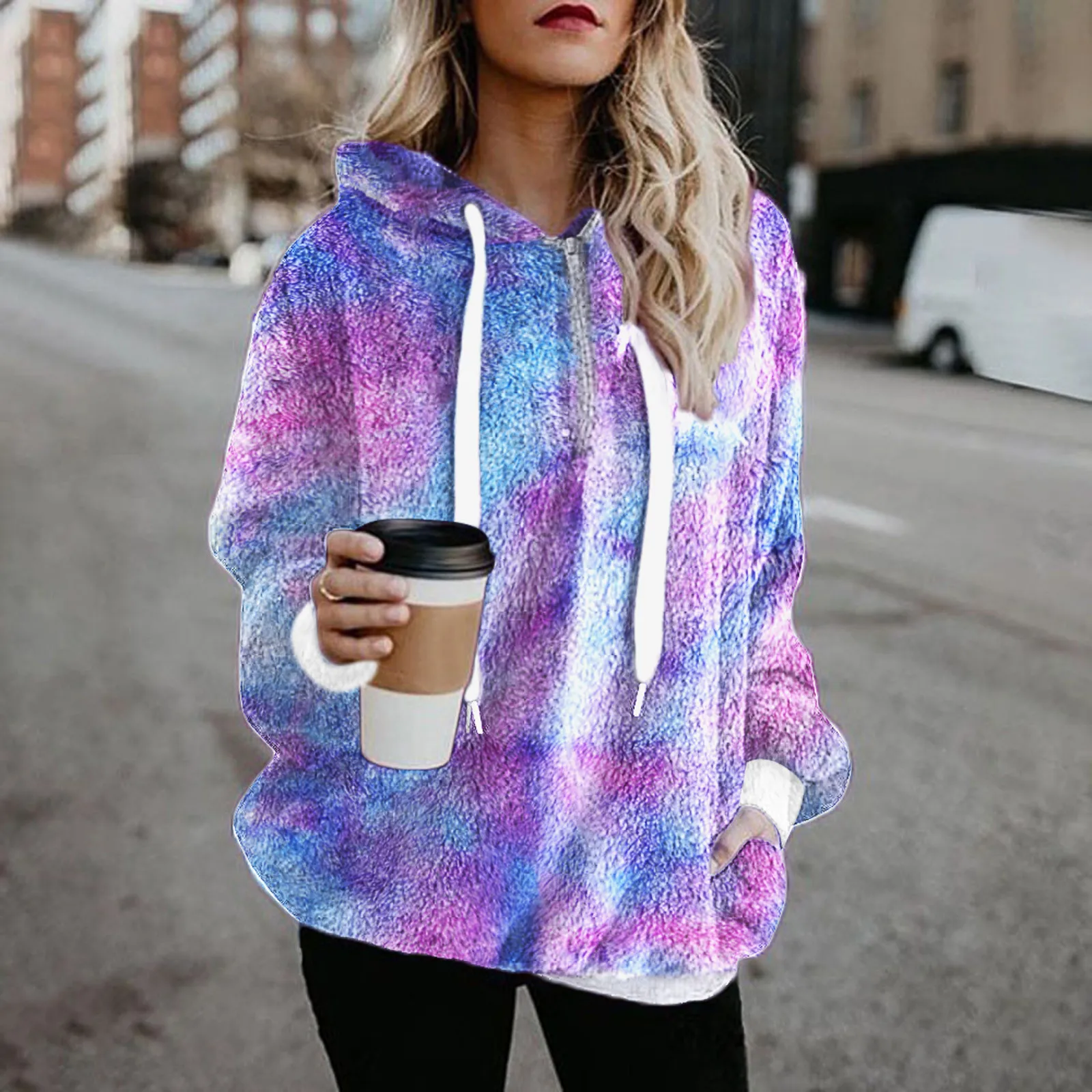 Women's Warm Tie-Dye Hoodie Velvet Thick Polar Fleece Pullover Drawstring Jumper Half Zipper Hooded Oversize Top Autumn Winter