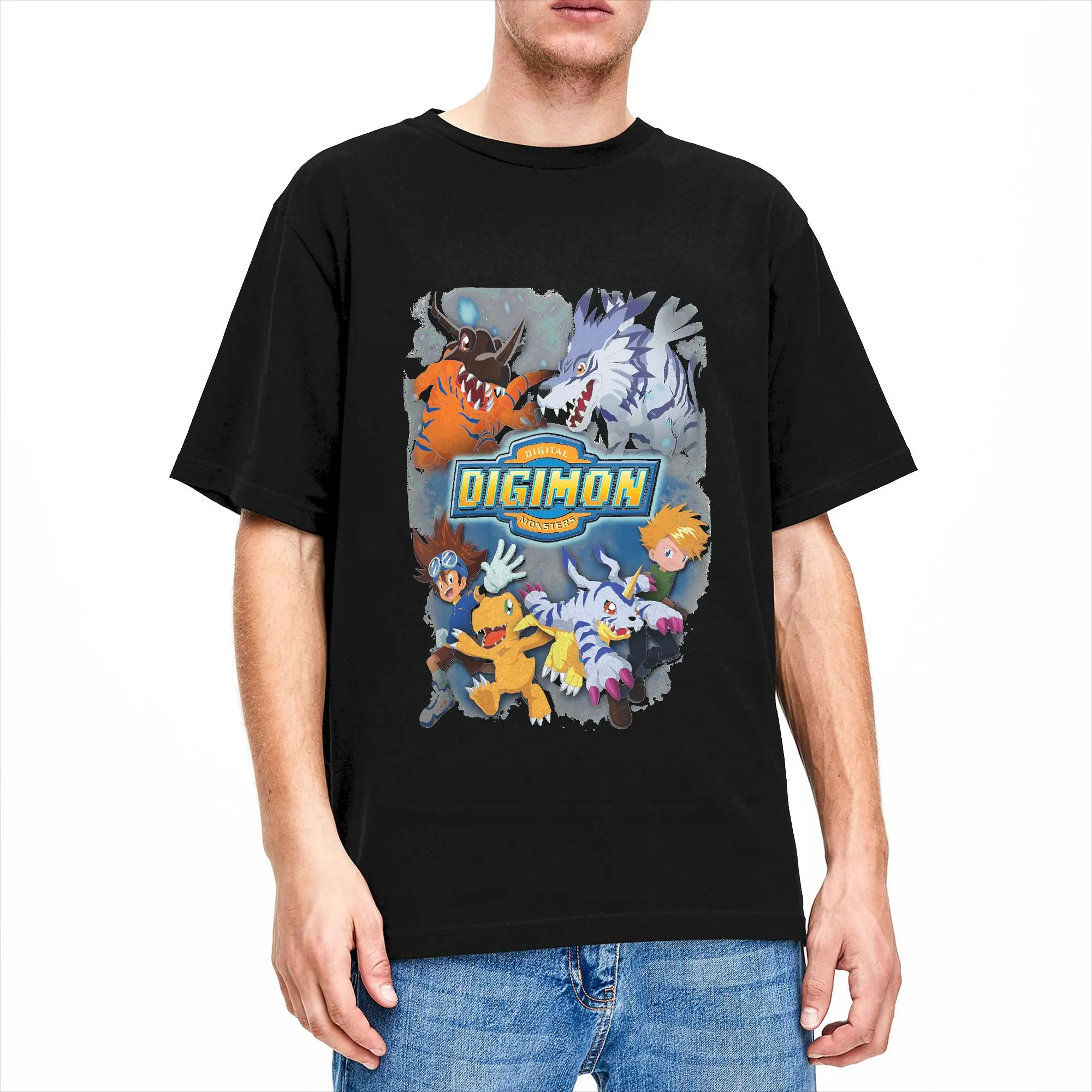 Men's T-Shirt Digimon Greymon and Garurumon Lightning Digital Monsters Creative Pure Cotton Tee Shirt Short Sleeve  T Shirts