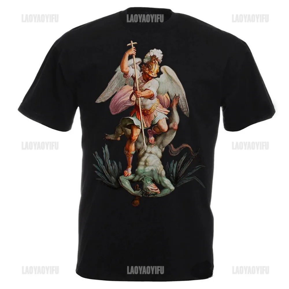 T-shirt imprimé Saint Michel pour hommes, haut vintage, T-shirt décontracté respirant, Archange, Destroy The SAFCatholic, ChréKh, Cadeau