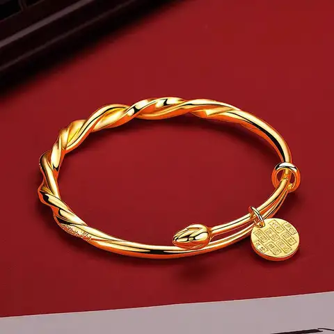 Women's 24K Gold Lotus Push-Pull Bracelet, AU999 | Engraved "Entropy" with mechanical motifs.