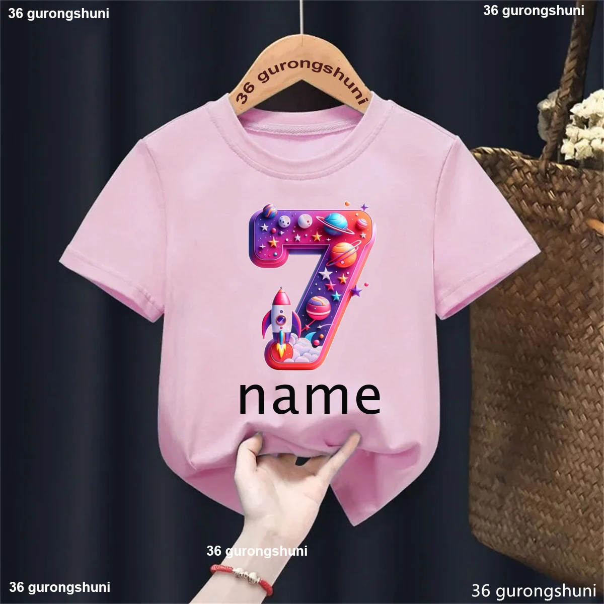 Custom Name 7th Birthday Gift Printed T Shirt Girls/Boys Astronaut Spacecraft Planet Tshirt Kawaii Kids Clothes Solid T-Shirt