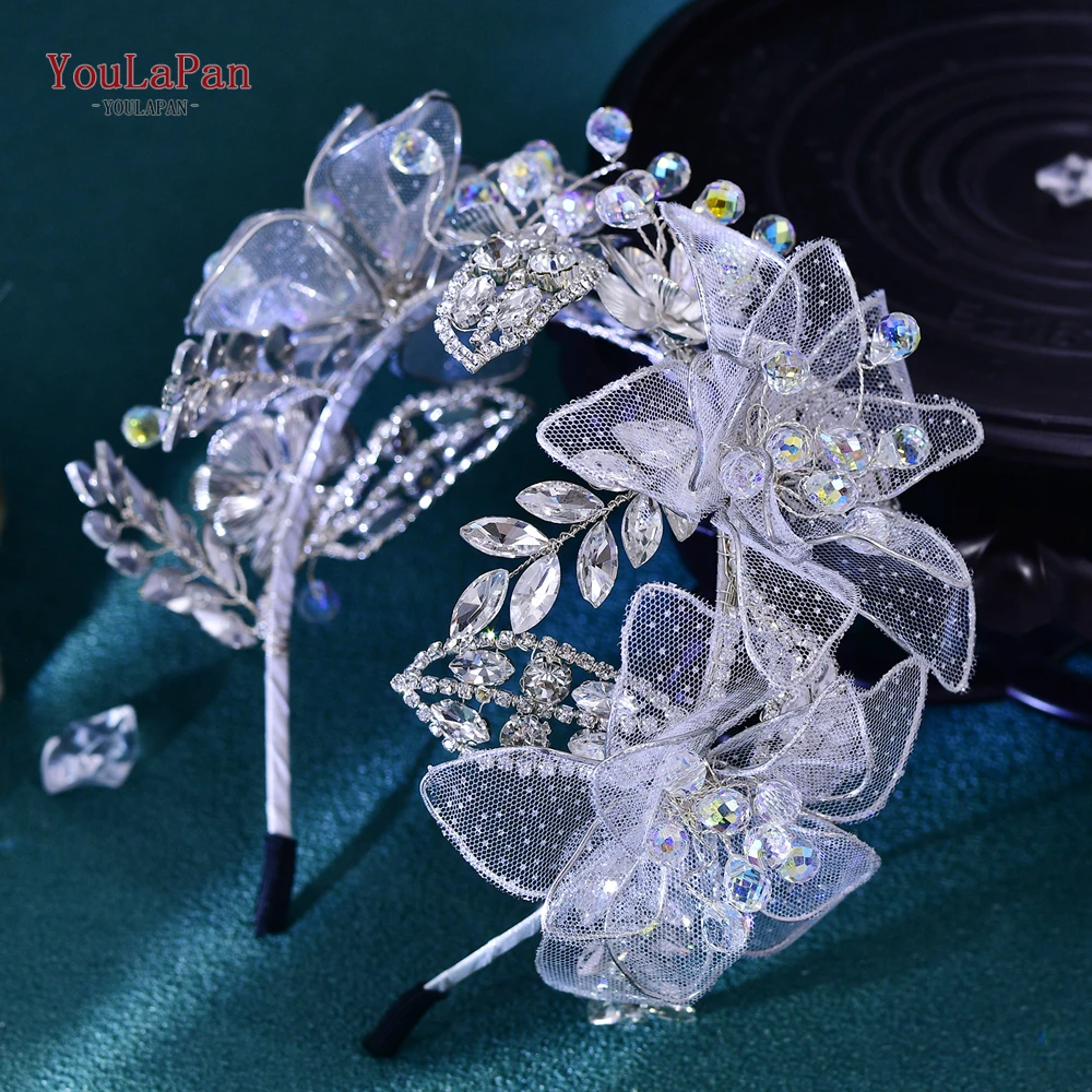 YouLaPan Silver Color Metal Rhinestone Hair Decoration Lace Flowers For Bride's Wedding Party Headwear Sparkling Hair Hoop HP712