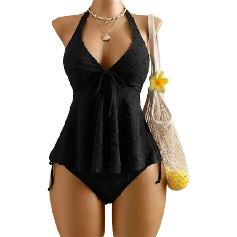 ABME Women's Tankini Swimsuits Textured Flowy Halter Bikini Set Tummy Control Modest Bathing Suits