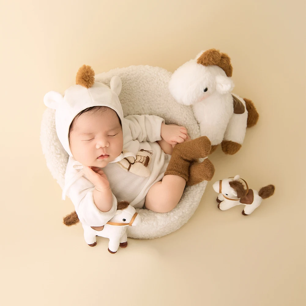 Adereços para sessão de fotos de bebês, tema de pônei, cavalo macio, conjunto de macacão com capuz, bonecas de pônei de pelúcia, adereços de decoração para estúdio de fotógrafos profissionais