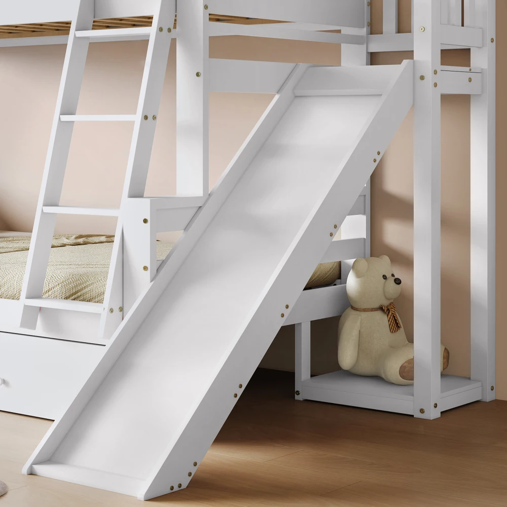 PINGGO Weißes Etagenbett Mutter-Kind-Bett Charakteristische Fenster 4-Stufige Rutsche 2 Schubladen Massivholzrahmen Ohne Matratze – Detail 16
