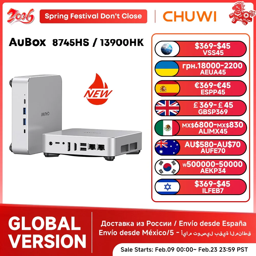 CHUWI AuBox Mini PC R7-8745HS / i9-13900HK 16GB/32GB DDR4 512GB/1TB SSD Windows 11 Pro WiFi 6 BT 5.2 Estender M.2 1T * 2 Desktop