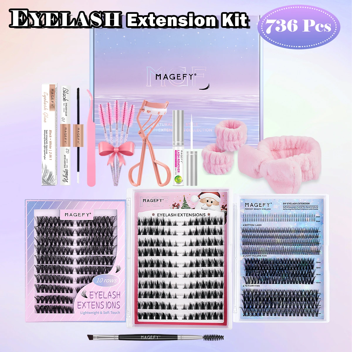 

MAGEFY Individual Eyelashes Kit 736/876 Cluster Lashes with Tweezers Eyelash Glue Remover Curler Beauty Tools Lash Extension