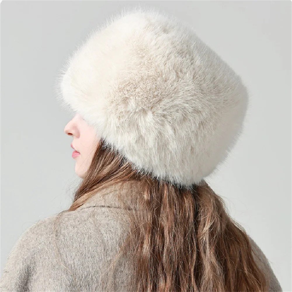 Fur Hat Women Warm Snow Ski Cap Female Fluffy Faux Fur Bucket Hat Thick Winter Outdoor Earwarmer Windproof Ear Protect Caps