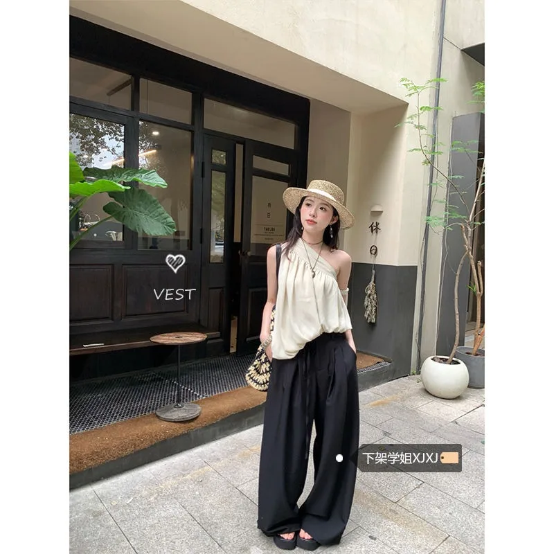 

Women Summer Fashion Lacing Solid Color Off Shoulder Temperament Tank Top Ladies Casual All-match Office Lady Sleeveless Tops