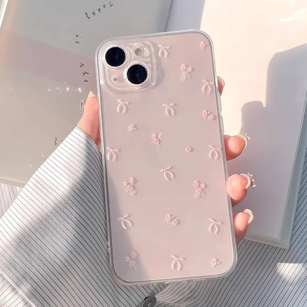 Korea Meisje Roze Strik Telefoon Case voor iPhone 16 15 14 13 12 15 Pro Max Heldere Bloem Schokbestendig Zachte Tpu cover