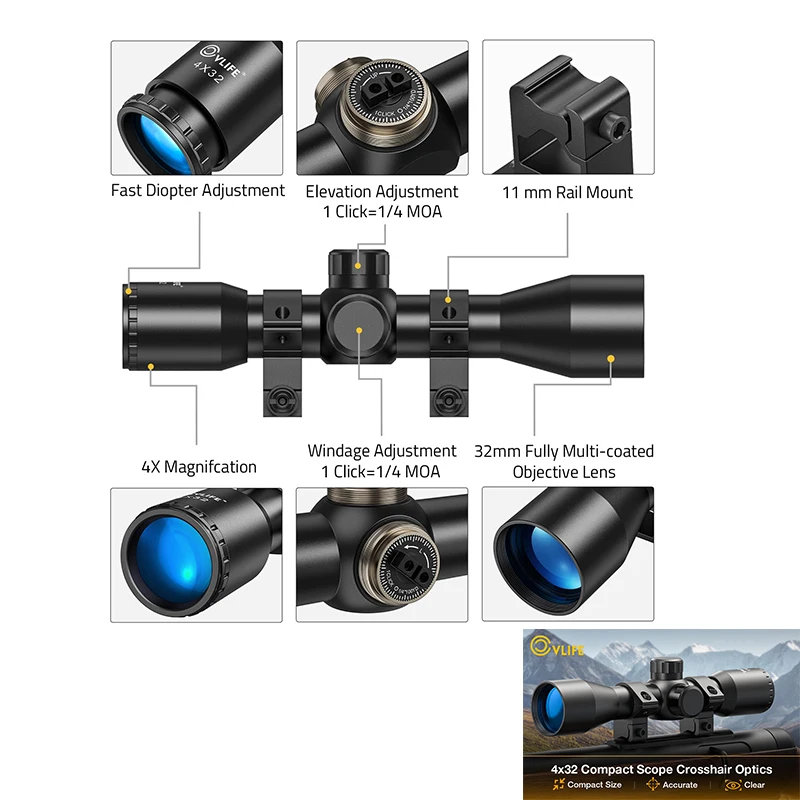 

CVLIFE 4x32 Compact Rifle Scope Crosshair Optics Sight Riflescope with Scope Mount for 11mm Dovetail Tail for Hunting Aluminum