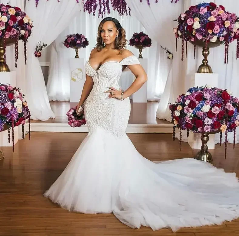 Customized Designer White Ivory Lace Wedding Dresses Plus Size Off The Shoulder Corset Up Back Sweep Train Plus Size Bridal Gown