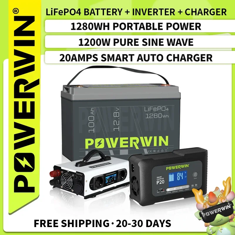 POWERWIN BT100 12.8V LiFePO4 Battery with PI1200 12V Portable Inverter & P20 Smart Battery Charger, Off-Grid Power Solution