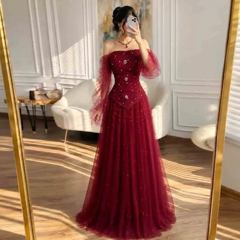 Customized Burgundy Off Shoulder Evening Dress with Crystal Beaded Bodice and Tulle Puff Sleeve A-Line Formal Party Gown