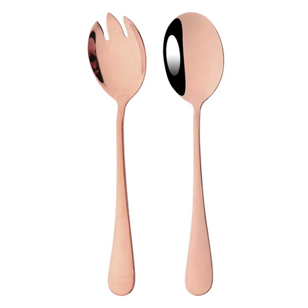 Rose Gold Unique Spoon Dinnerware Cutlery Set Salad Fork 2Pcs Salad Spoon Stainless Steel Serving Spoon Tableware Flatware Set