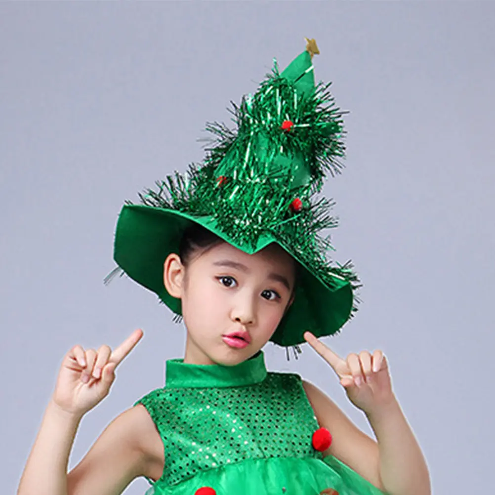 Conjunto de sombrero y vestido de árbol de Navidad para niñas, 130 cm, verde, disfraz de fiesta, traje navideño para espectáculos infantiles, sombrero y vestido de árbol de Navidad