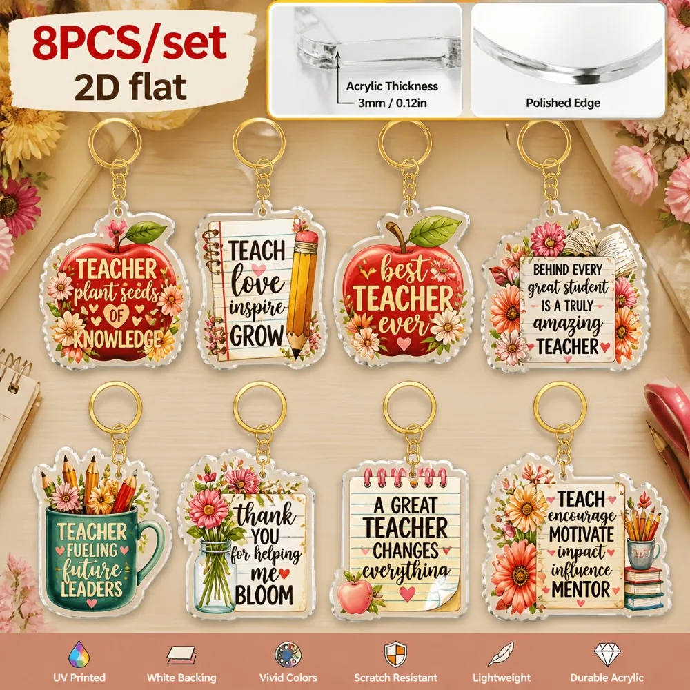 8pcs Teacher Appreciation 2D Flat Acrylic Keychain Set Quote Inspirational Mini Key Chains Hanging Ornament Gift