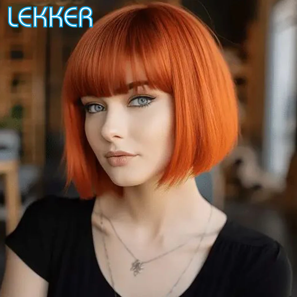 Lekker Ginger Orange Human Hair Wigs Short Straight Bob With Bangs Wig For Women Brazilian Remy Hair Colored Glueless Bob Wigs