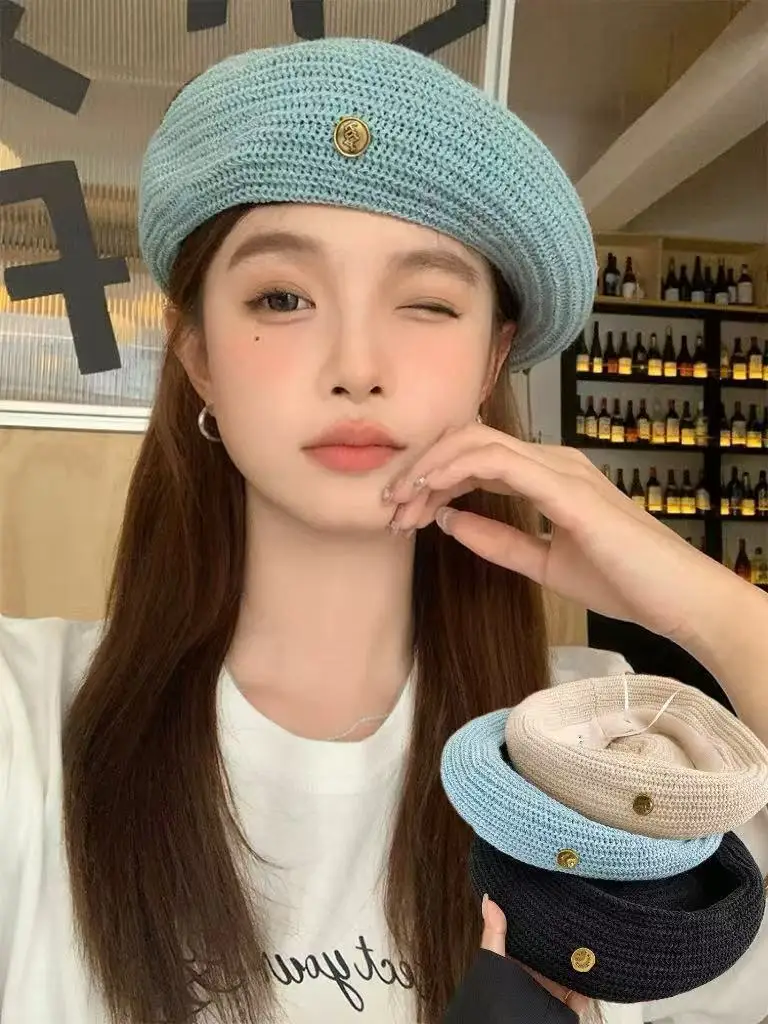 

Popular Summer Cool Hollow Solid Beret Hat Summer Thin Knitted Painter Caps , Outdoor, Party Gift Daily Casual Headwear