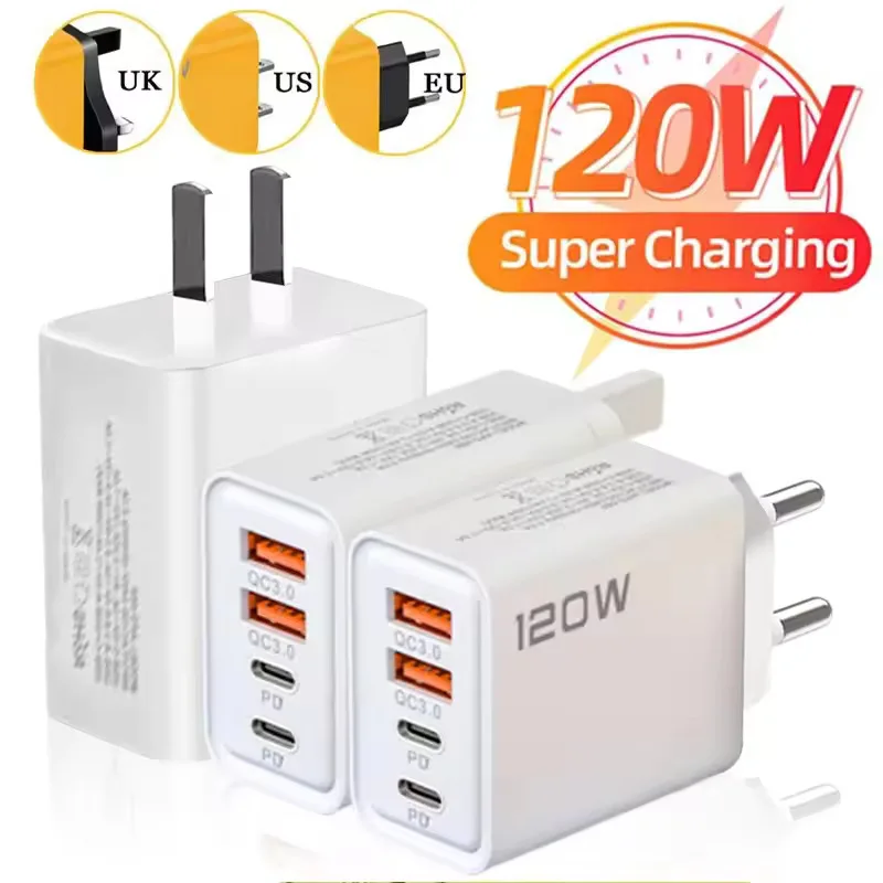 4 Port 120W Fast USB C Charger Wall Adapter 10A Type C Data Cable For iPhone Samsung Xiaomi Huawei Phone EU US UK USB Charger