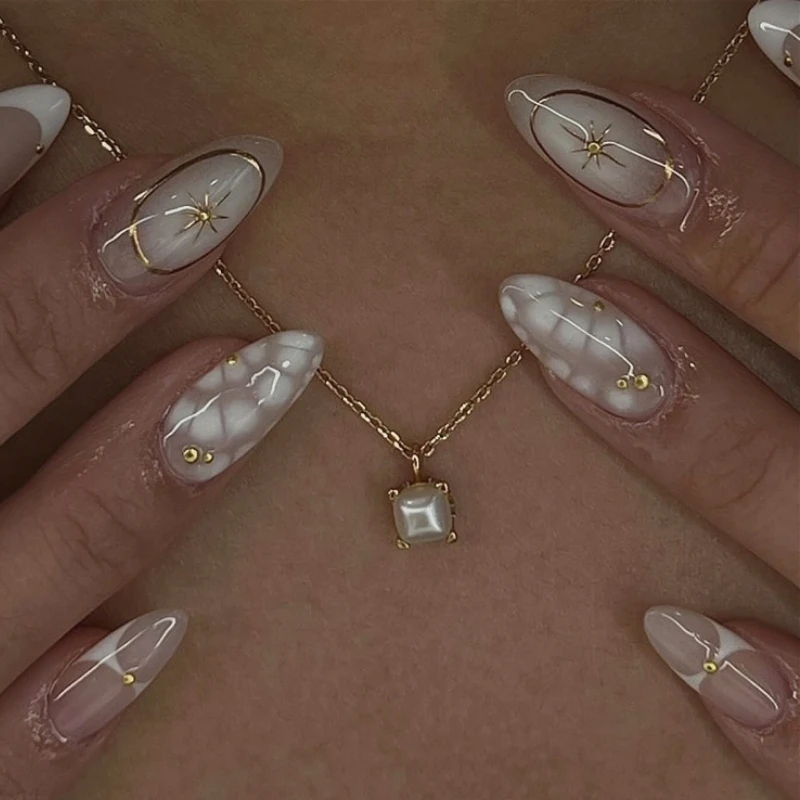 

Golden Stars Metal Bead White Halo Dyeing French Almond False Nails Detachable Finished Fake Nails Bohemia Style Press on Nails
