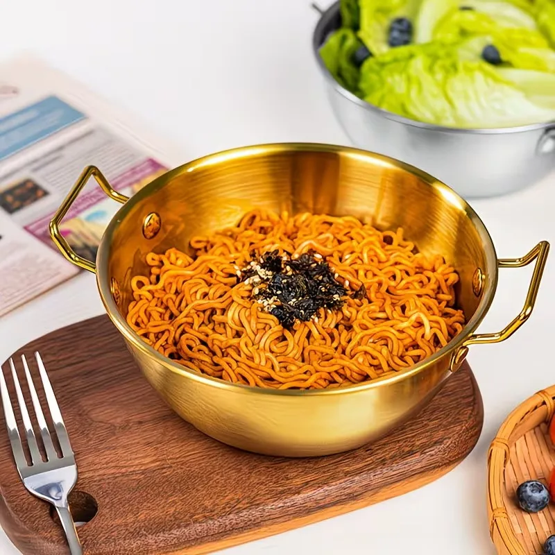 Stainless Steel Korean Double Ear Bowl with Handle Rice Salad Snack Fruit Dip Sauce Hot Pot Serving