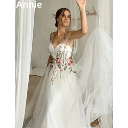 Annie Embroidery Flowers Wedding Dress Fairy Prom Dresses White Tulle Boho Wedding Party Dresses Vestidos De Noche Customized