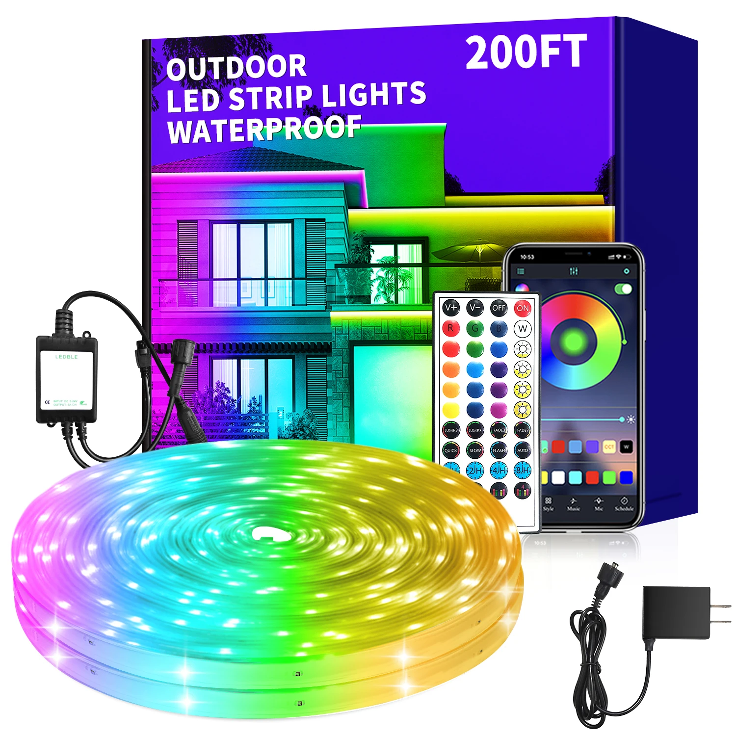 

200ft Outdoor LED Strip Lights Waterproof,IP68 Waterproof LED Light Strips with Remote,App Control Music Sync RGB