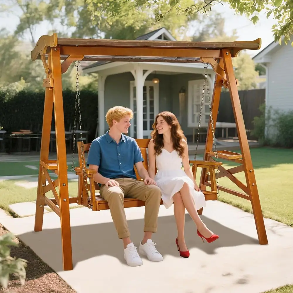 

Durable Teak Patio Swing with Stand and Cup Holder for Outdoor Garden Relaxation