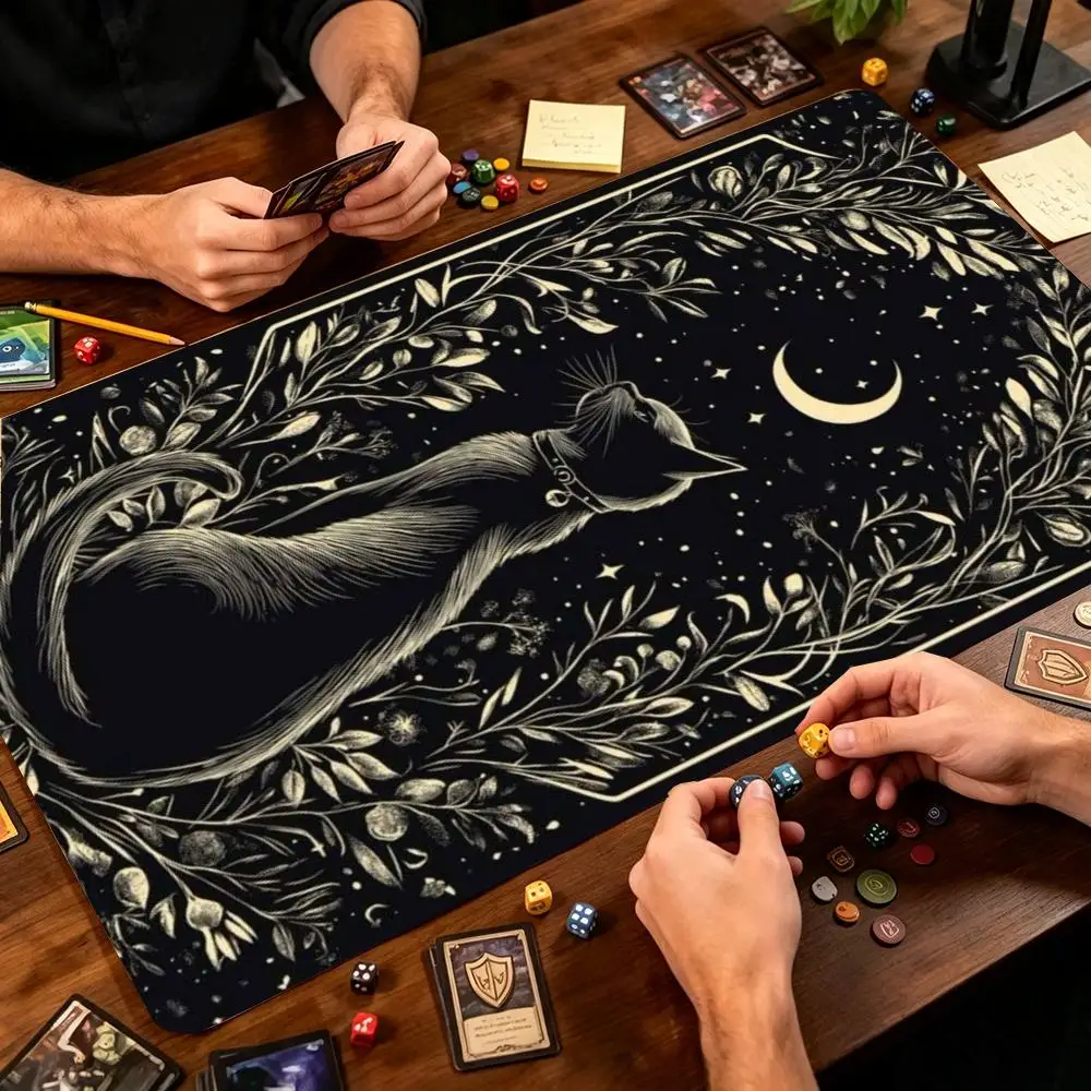 Dark Green Floral Black Cat Crescent Moon Playmat Night Garden Witchy Style TCG Card Game Table Playmat NonSlip Rubber Table Pad