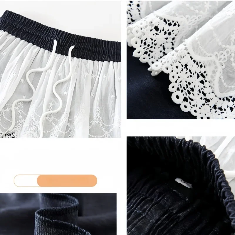 Fashion Lace Patchwork Casual Pants Women 2025 Spring Summer High Waist Full Length Pants Femlae Streetwear Wide Leg Trouser Y2k