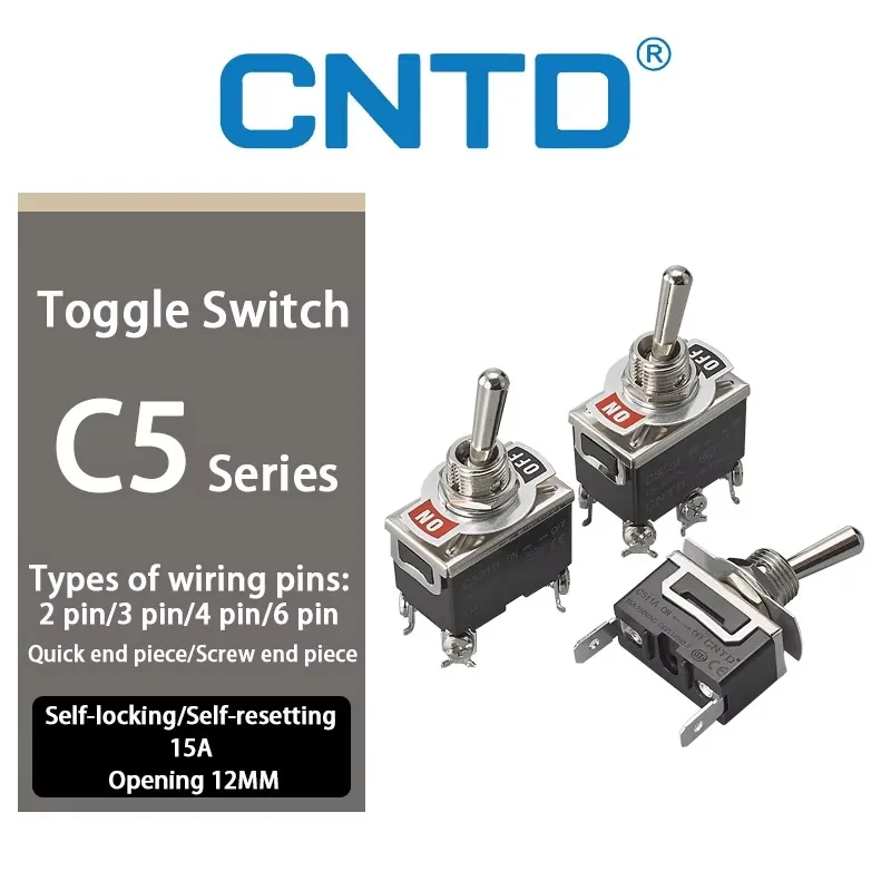 CNTD C523A C5R23A Toggle Switch 6-Pin 3-Position DPDT ON-OFF-ON 15A 250VAC Quick Terminal #250 Self-Locking/Momentary Optional