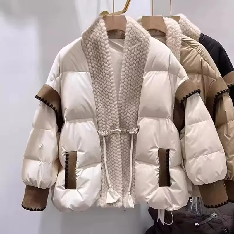 

New Down Cotton Jacket Women's Fashion Stitching Buckle Winter Solid V-neck Parkas Fashion Bread Puffer Coat Cotton Overcoat
