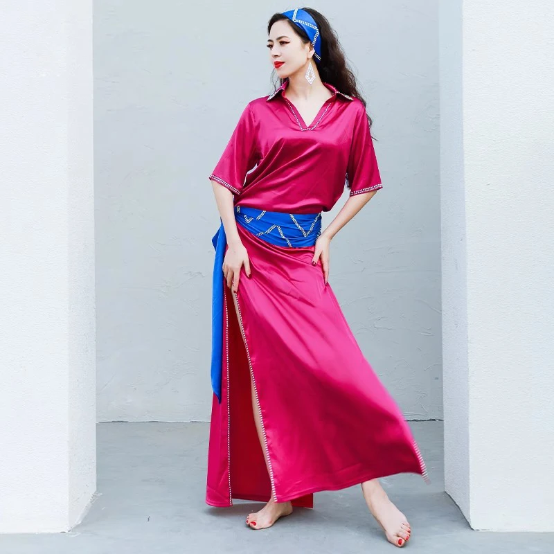 مرحلة الأداء النساء فستان رقص البطن الساتان بلدي فستان Saidi قطعة واحدة فساتين الفتيات الزي الشعبي رداء طويل الأبيض 4 قطعة مجموعة #4