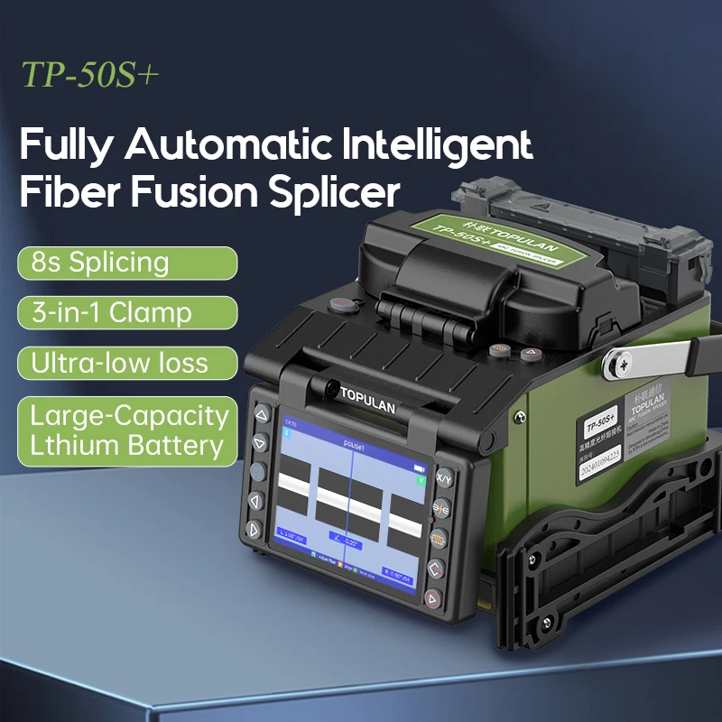 Topulan Tp-50S+/Tp-55S Fiber Optic Fusion Splicer Fully Automatic High-Precision Splicing Machine Fiber Optic Cable and Drop Cable Three-In-One Clamp Fusion Splicer Ftth Fttx Intelligent Fiber Optic Splicer Equipped with Large Capacity Lithium Battery Multiple Languages Available Stable and Efficient