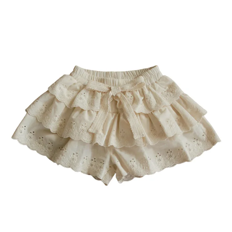 2024 Summer Pure Color Korean Children Wear Children Fashion Hollowed Out Girls Multi-layer Lace Sweet Girls Culottes